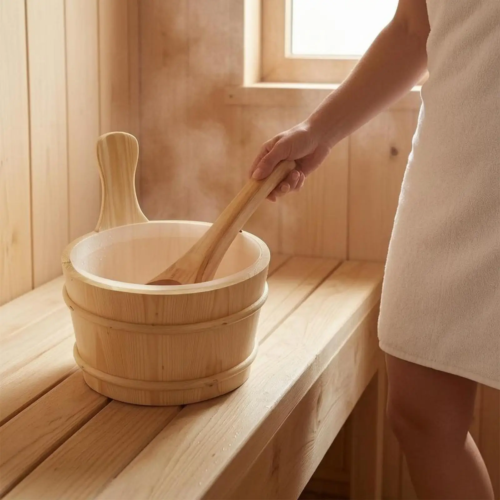 Sauna Water Pail Reinforced Banding Wooden Pail and Ladle Set Wide Uncovered Top