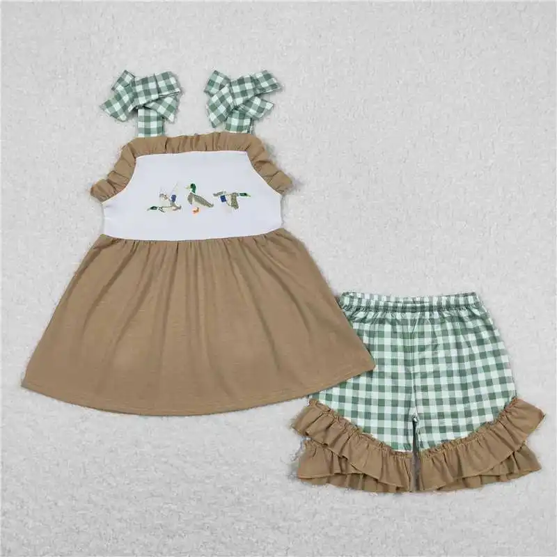 Cute Fashion Embroidered Duck Green White Plaid Brown Lace Suspender Shorts Set Baby Girls Boys Wholesale Match Clothes RTS