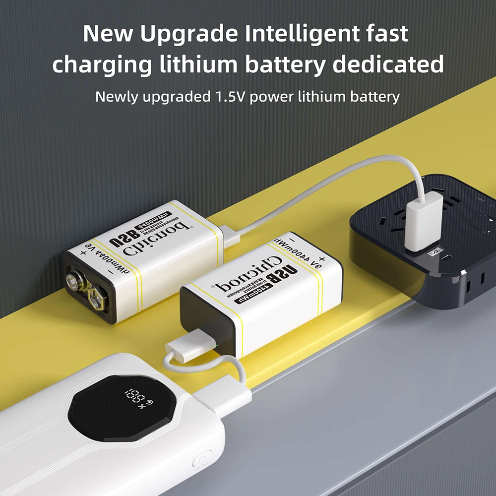 Chicnod 9V Rechargeable Lithium Battery 4400mWh USB Type-C Li-ion Battery Built-in Smart Chip for Smoke Detector Alarm System
