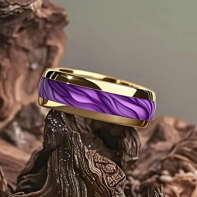 Modischer schwarzer Herrenring aus Edelstahl mit vulkanischer Lava und goldenem Folienmuster-Einlage – Ringe für Herren, Hochzeitsschmuck, Direktversand
