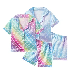 Kids Pajamas Set for Boys Girls Summer Silk Satin Print Toddler Sleepwear 2pcs Outfit Casual Children's Home Clothes Sets