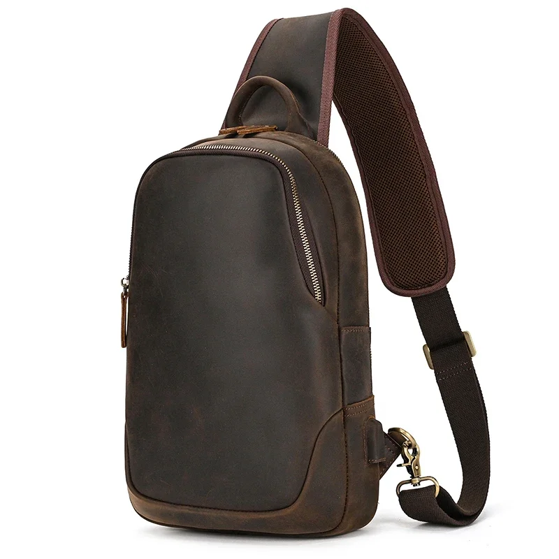 Men's Chest Bags Genuine Leather Packs Bag Chest Pack Usb Cable Crossbody Bag Sports Bagpack Single Shoulder Anti Theft Bag