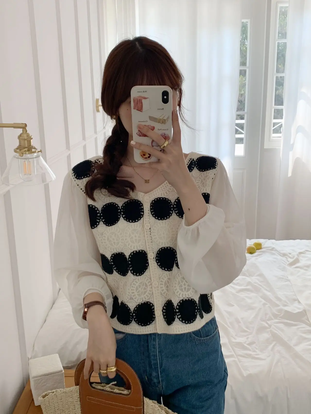 Chemise en mousseline de soie de Style rétro pour femmes, haut à manches longues avec épissure creuse au Crochet