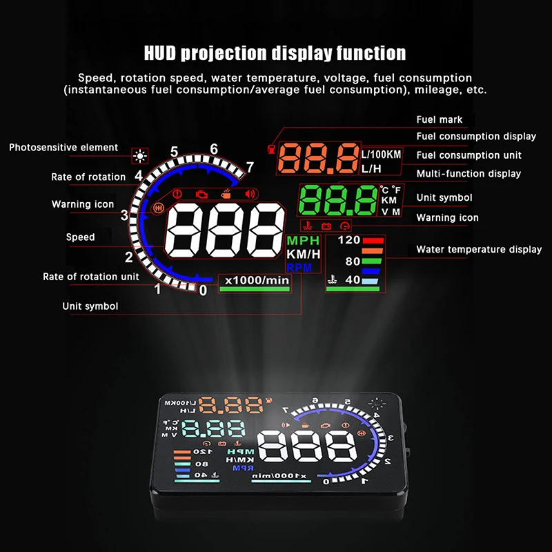 

Car Speed HUD Speedometer Oil Consumption Water Temperature Head Up Display Battery Voltage OBD Windshield Projector Truck