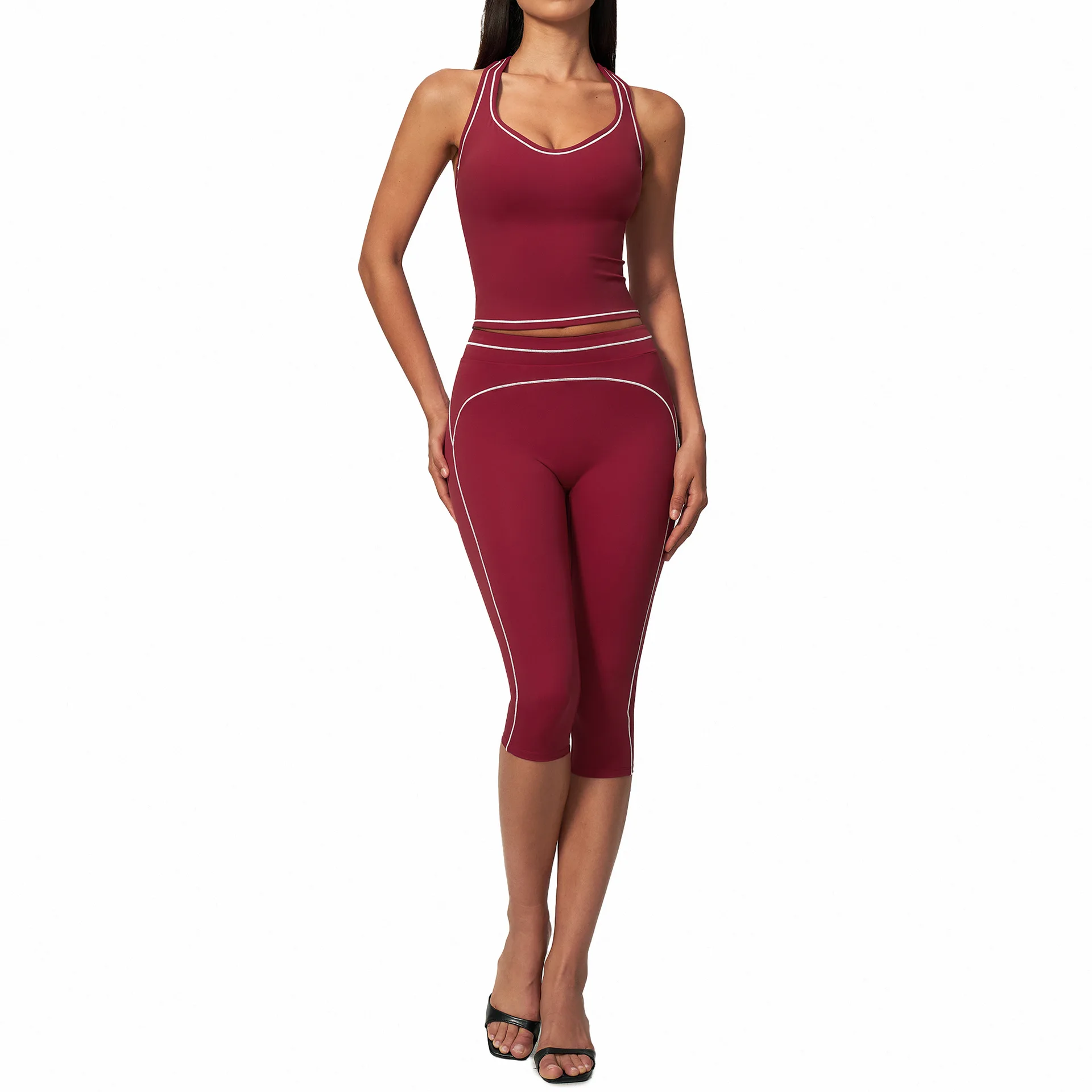 DUOMI Womens Yoga Set Halter Tank Top High Waist Capri Leggings Quick Dry Workout Gym Fitness Sports Pants 2Pcs Clothing