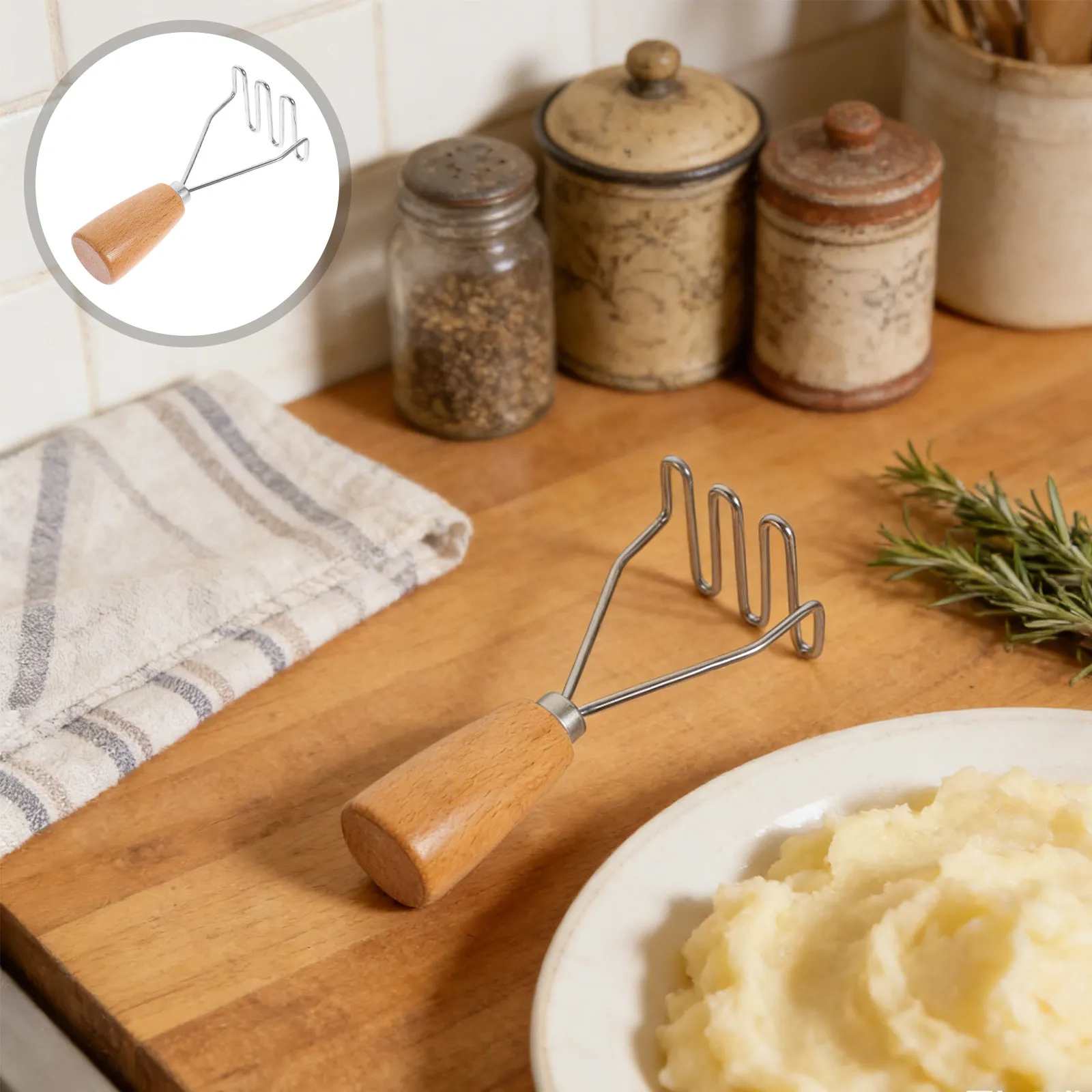 

Stainless Steel Potato Masher with Natural Wooden Handle for Mashing Potatoes Carrots Food Easy Clean Kitchen