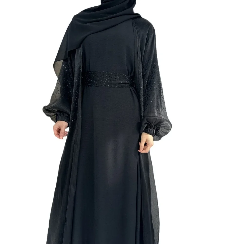 Solid Color Puffy Sleeves Arabic Dress for Women Moroccan Dubai Abaya Cardigan Loose Ramadan Muslim Femme Robe Evening Dresses