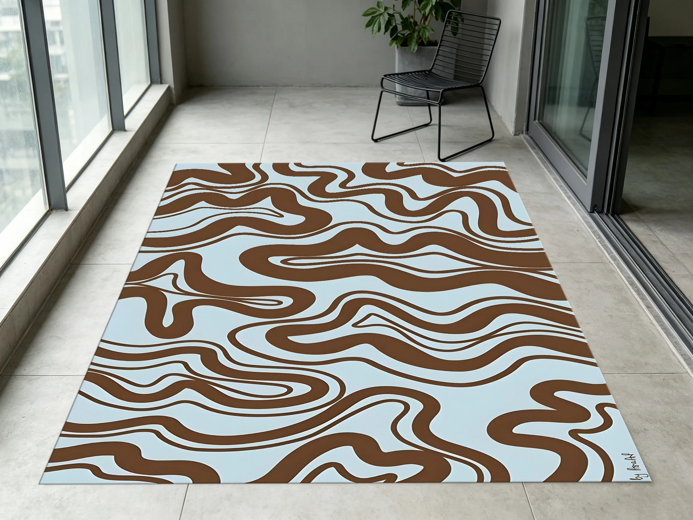 Light Blue Brown Irregular Wave Rug, Abstract Art Carpet for Living Room Bedroom, Modern Home Decor