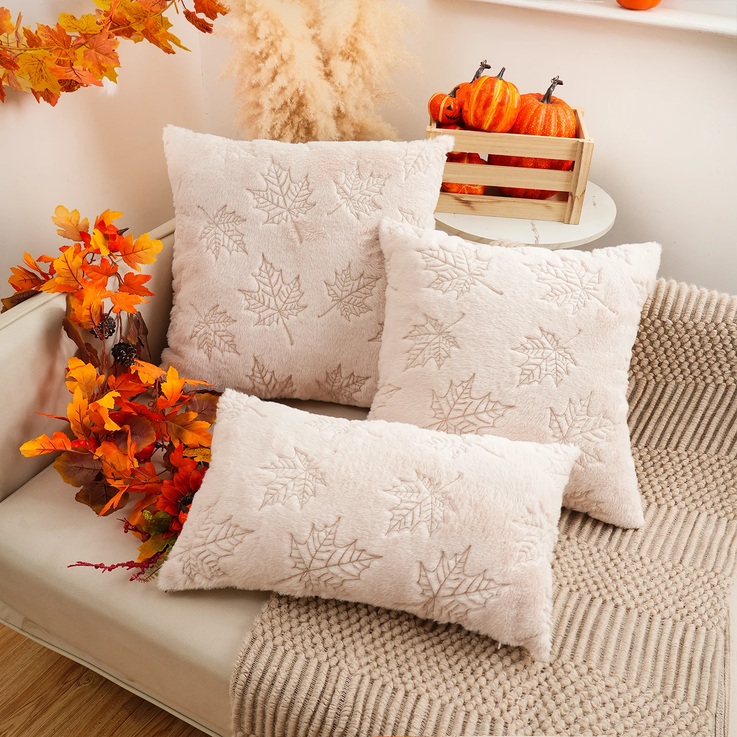 1pc 3D Embroidered Beige Faux Rabbit Hair Maple Leaf Pillow Cover, No Insert, Thanksgiving & Harvest Festival Theme, All-Season