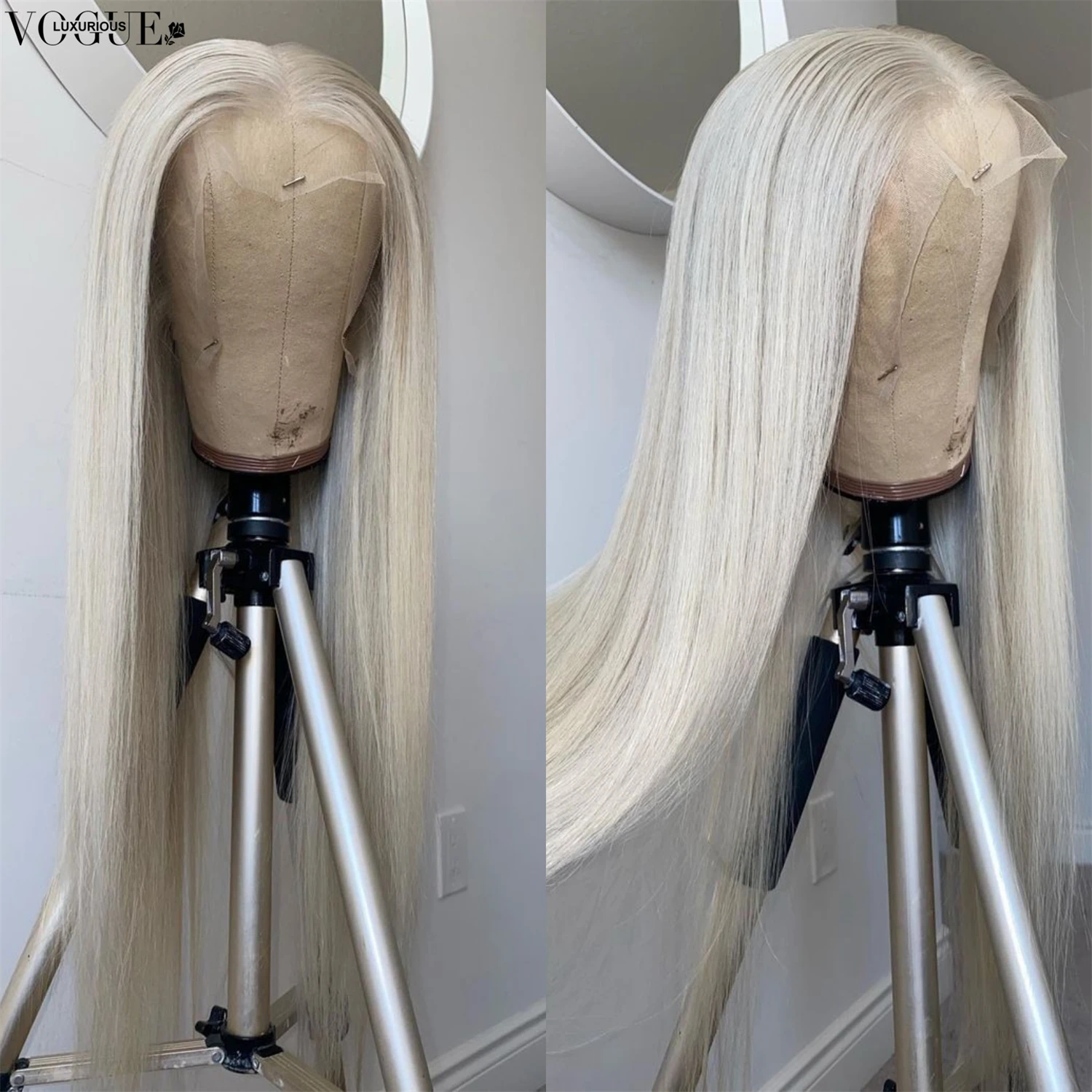 Perruque Lace Front Wig naturelle lisse, cheveux humains, couleur blond platine #60, 13tage, densité 180%, diopédique, pour Noël