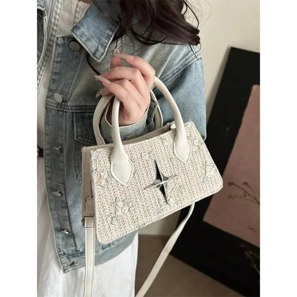 

Women's Embroidered Top-Handle Crossbody Bag - Star Hardware & Textured Fabric, Ideal for Daily/Casual Outings