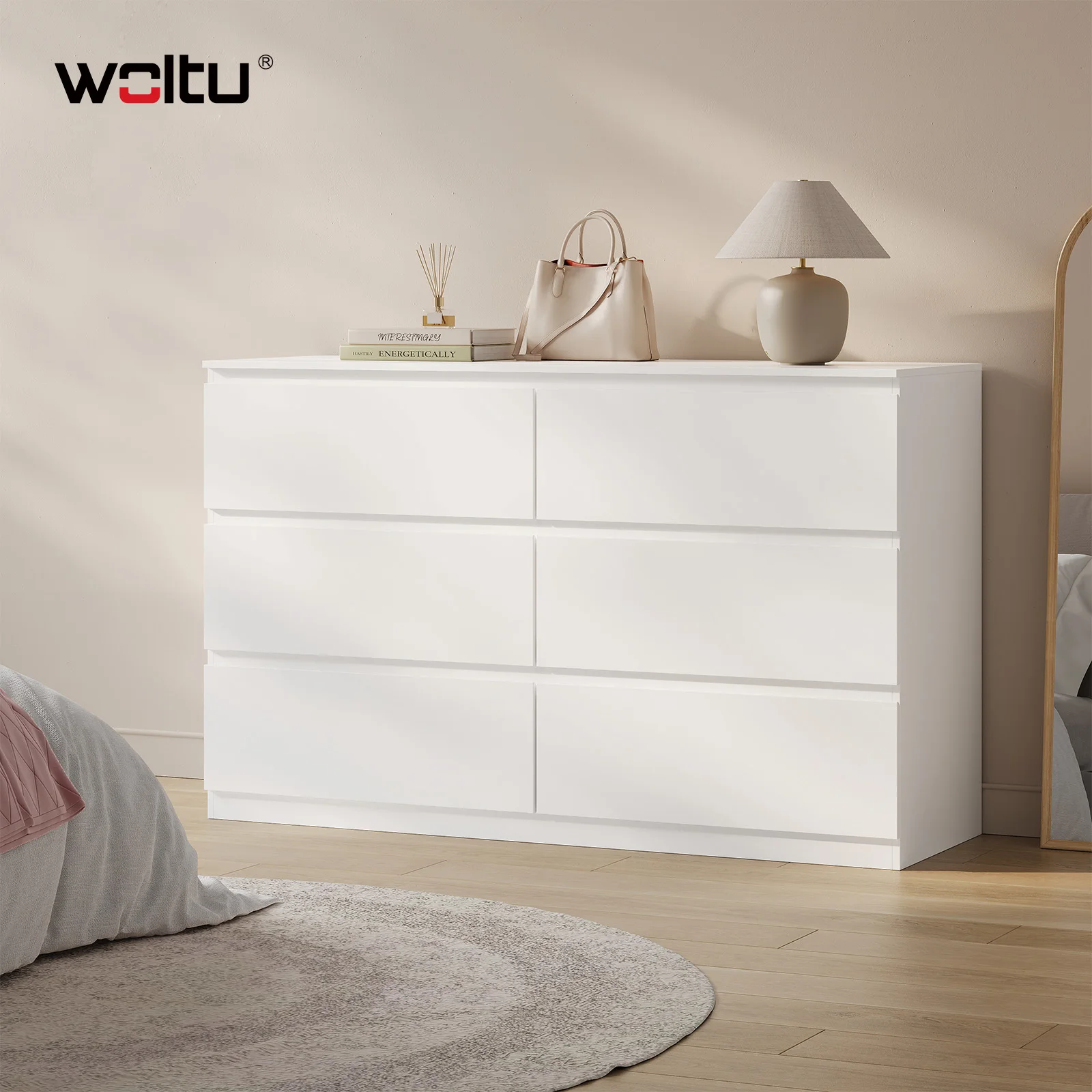 WOLTU Cómoda con 6 cajones de 120x40x75cm, mueble de almacenamiento moderno con cajones, aparador para sala de estar, dormitorio, pasillo