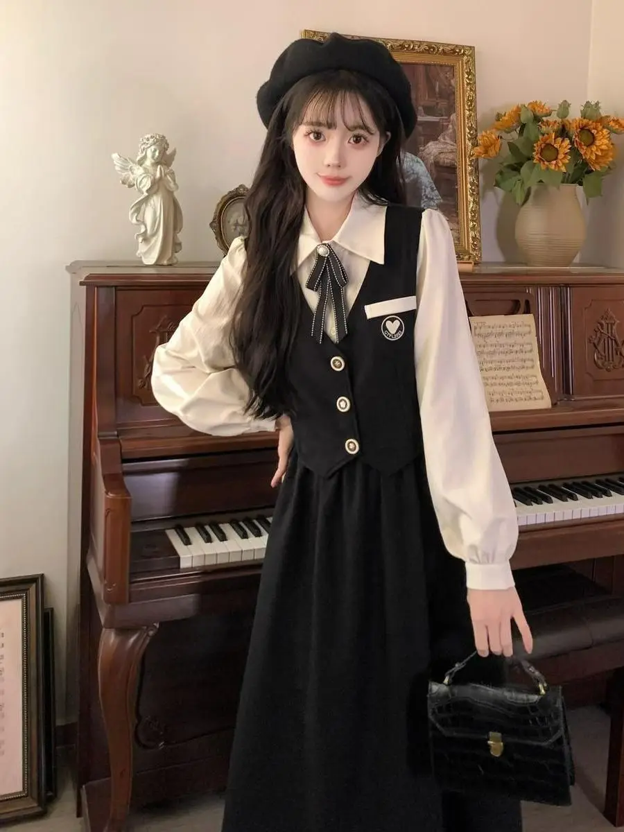 Academy Sle Fake Two-Piece Long Sve Bla Dr Women Early Spring High-End Slimming A-Line Dr Polyester Fabric