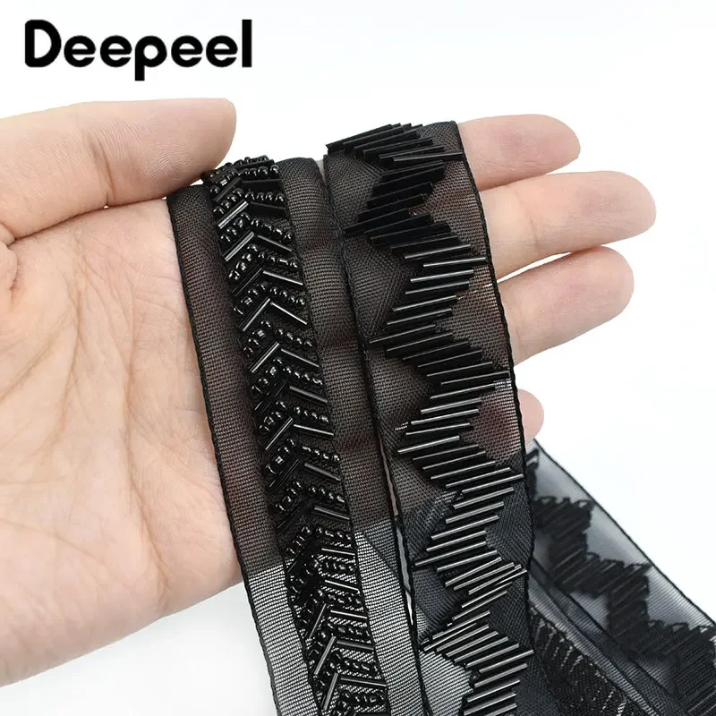 2/5Yards 25mm Black Beaded Lace Ribbon Embroidered Trim Clothes Collar HeadDress Decoration DIY Crafts Sewing Accessories