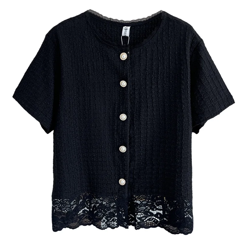 

Лето 2023, новинка 100 кг, женские блузки больших размеров с элегантным подолом, кружевной лоскутный топ с короткими рукавами 1651