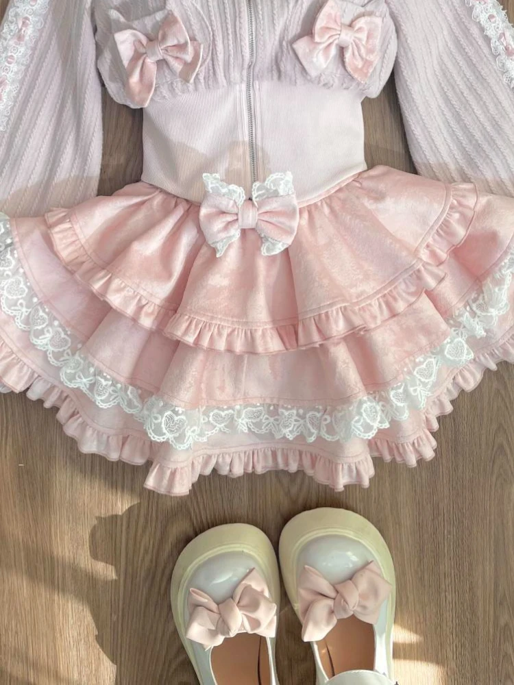 Spring Japanese Lace Sweet Elegant 2 Piece Sets Women Bow Design Coat + High Waist Chic Skirt Female Pink Princess Retro Outfits image 3