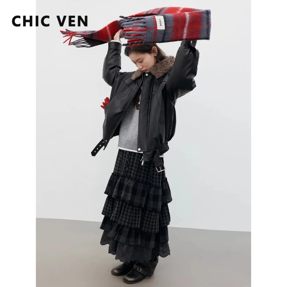 CHIC VEN Fashion Women Skirts New Retro Lace Multi Layer Skirt High Waist Woven Grid Ladies Half Length Skirt Autumn Winter 2025
