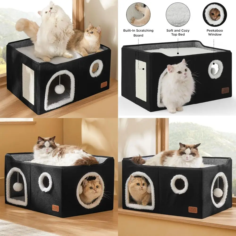 

Spacious Indoor Cat Bed - Extra Wide Cube House with Hanging Toy & Scratch Pad, Foldable Hideaway for Multiple Cats, 23.6x16.9x1