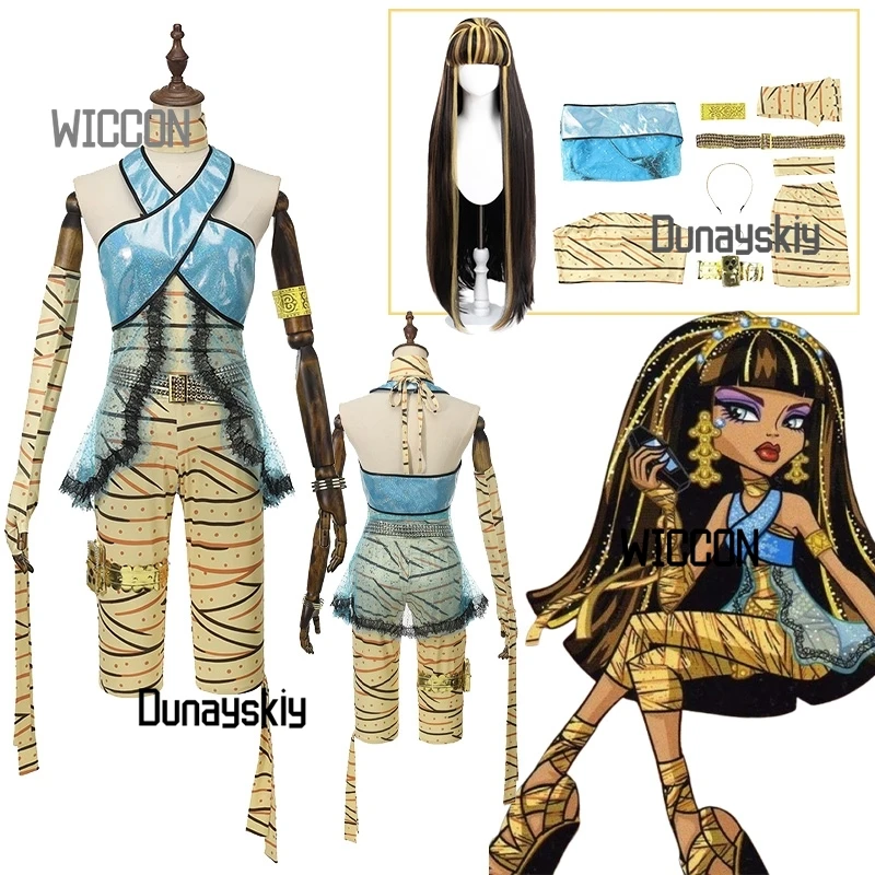 Disfraz de Cleópatra para Cosplay, Sexy, con Peluca, Accesorios, Chaleco Azul, Pantalones, Conjunto para Fiesta, Uso Diario, Escenario, Carnaval, Halloween