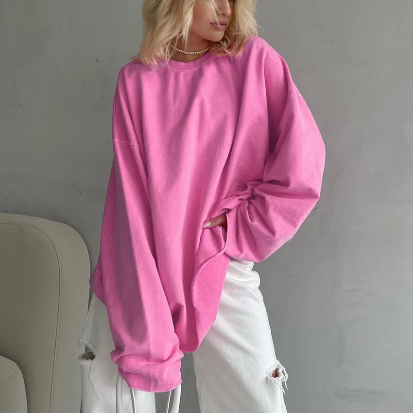 

2026 Spring and Summer American Street Pink Crew Neck Long Sleeve T-Shirt Women's Design Loose Cotton Pullover
