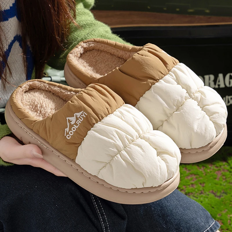 Wasserdichte Daunenstoff-Plüsch-Hausschuhe für Damen 2026 Winter Dicke Sohle Rutschfeste Baumwoll-Hausschuhe Damen Bequeme Warme Brot-Slides – Detail 8