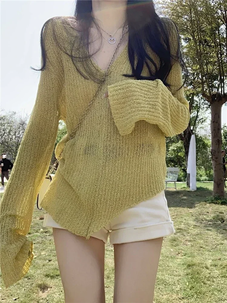

V-neck Sun-proof Pullovers Women Irregular Thin Casual Fashion Chic All-match Breathable Loose Pure College Korean Style Knitted