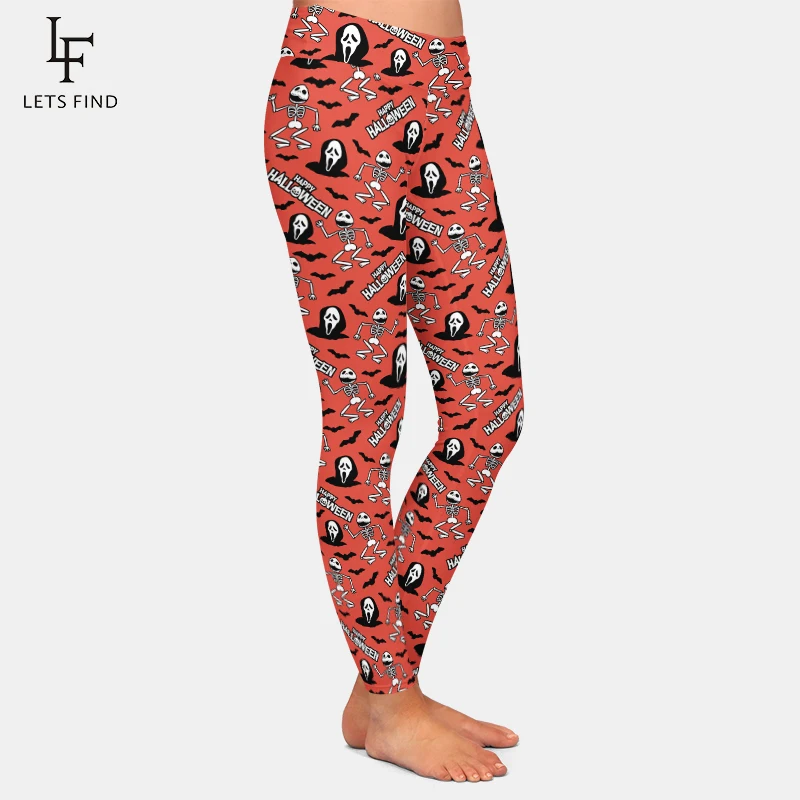 LETSFIND Fashion Womens Sexy Leggings Happy Halloween Pattern with Human Bone and Grim Reaper Print High Waist Stretch Leggings