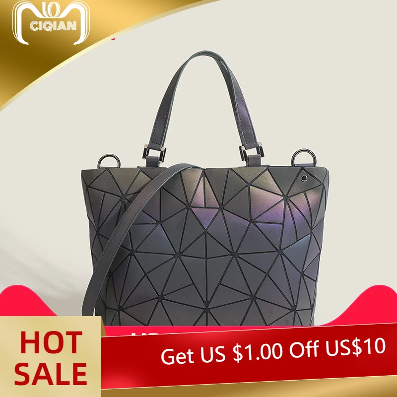 Fashion Women Geometric Handbag Laser Hologram Folded Shoulder Tote Bucket Luminous Bag Geometry Luxury Leather Brand Designer