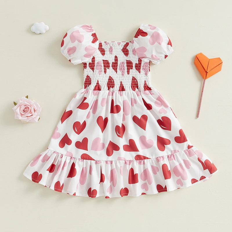 FOCUSNORM 0-4Y Little Kids Girls Valentine's Day Dress Heart Print Square Neck Short Sleeve Ruffled A-Line Spring Dresses