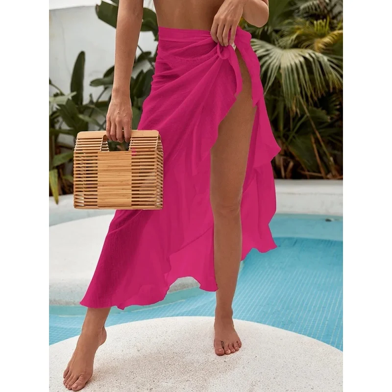 Trendy strandwikkelrok dames effen ruches hoge taille bandage bikini cover-up badpak strandkleding dunne zonnebrandcrème lange rokken
