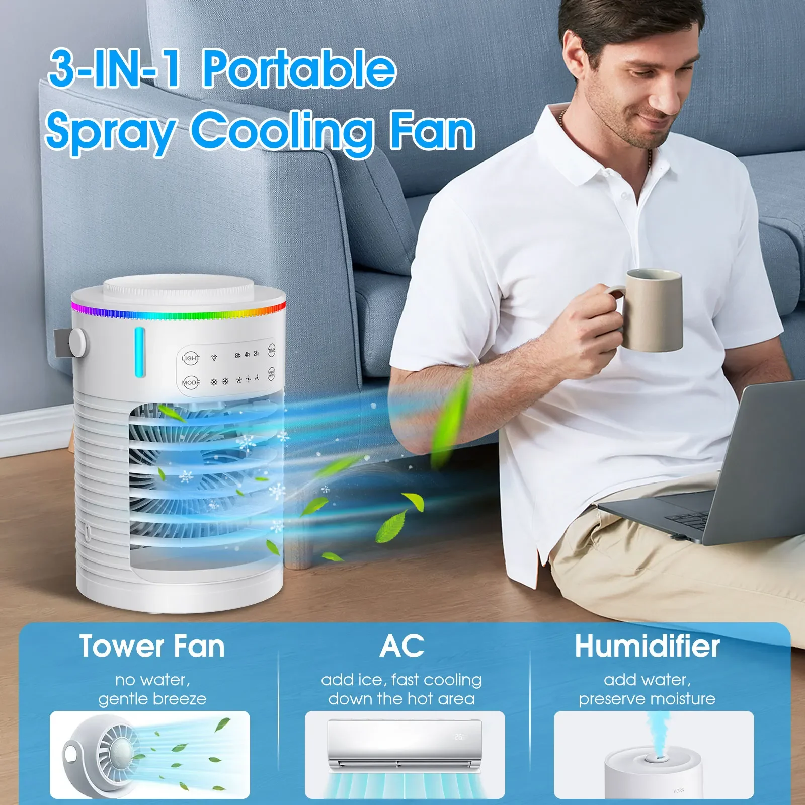 Portable Mini Air Conditioner, USB Fan, 600ml Ice Water Tank and Humidifier, Rapid Cooling, Adjustable Wind Speed for Bedroom