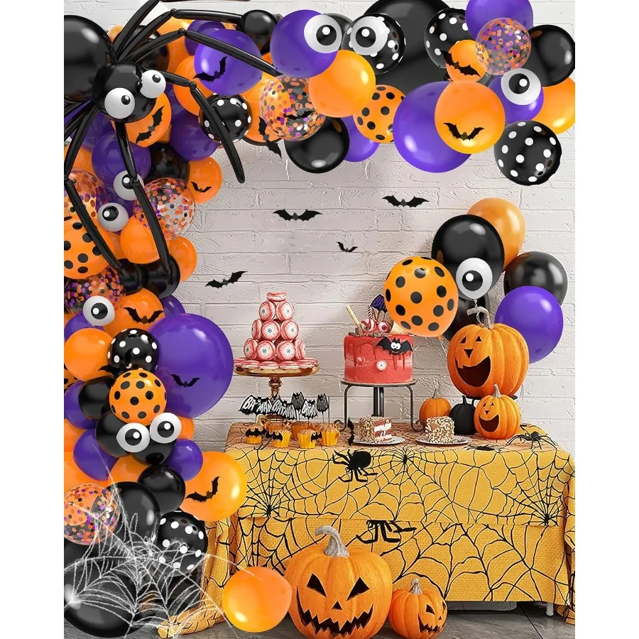 126 Pcs Halloween Balloon Garland Arch Kit Halloween Party Decorations Include Spider Web Bats Purple Orange and Black Balloons