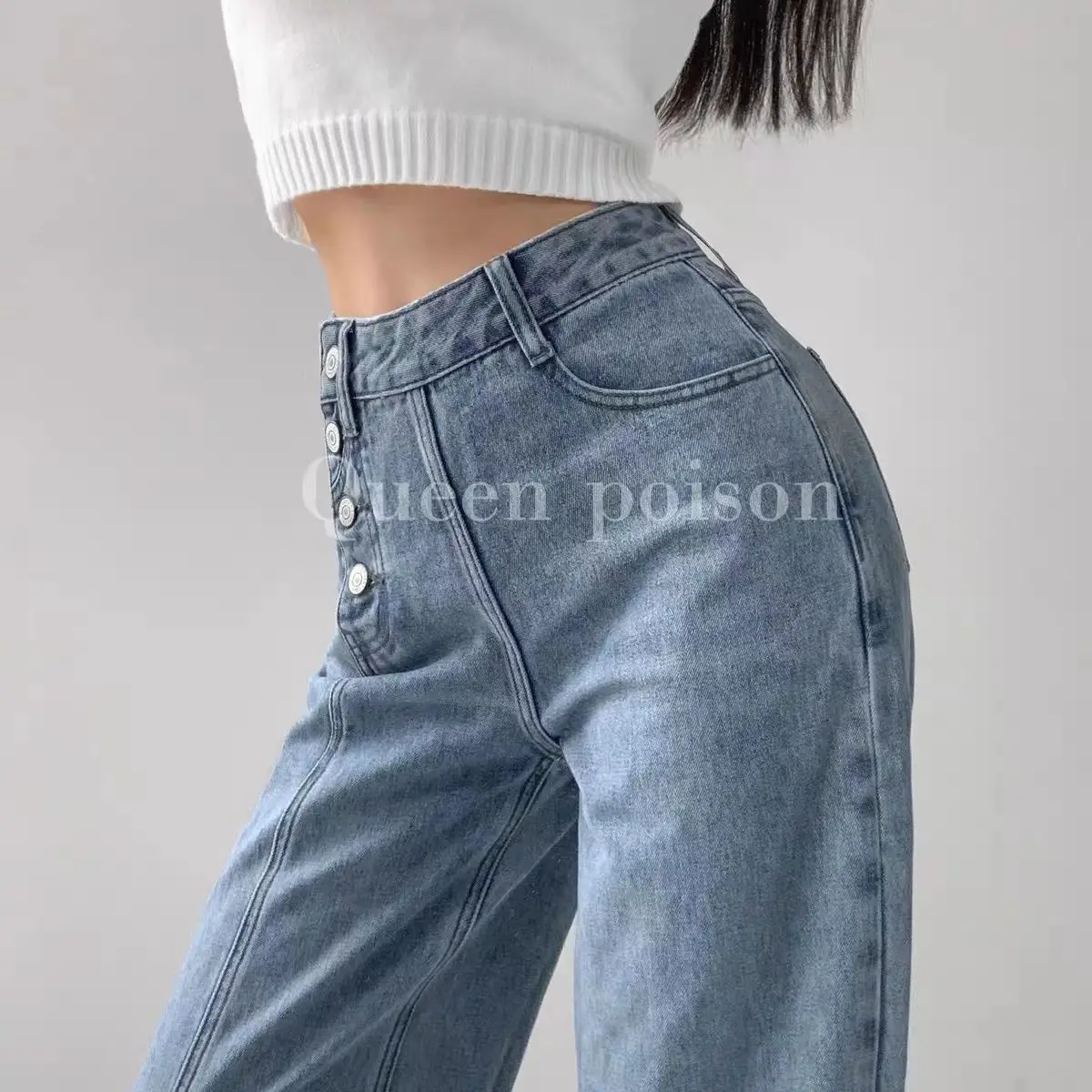 

Women Side Breasted Jeans Single Row Button Thin Jeans Cool Girl High Waist Wide Leg Pants Female Casual Straight Denim Trousers