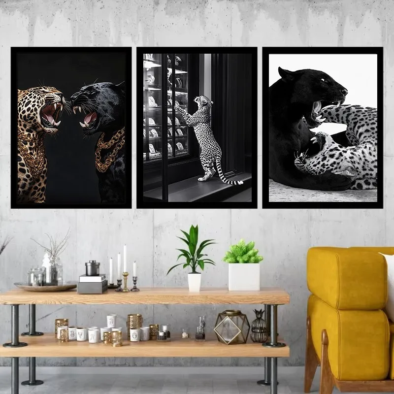 Cheetah Leopard Black Panther Poster Ferocious Animal and Woman Photography Canvas Painting Fashion Wall Art for Room Home Decor