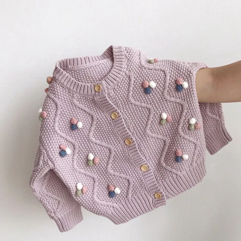 Spring Autumn Sweet Cardigan for Girls Korean Style Long Sleeves Kids Sweaters Tops Fashion Purple Children Knitwear Jacket 니트