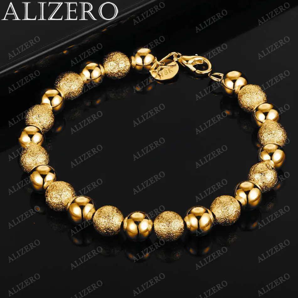 

ALIZERO 925 Sterling Silver 18K Gold Plated 8mm Smooth Frosted Beads Chain Bracelet For Women Fashion Accessories Jewelry Gift