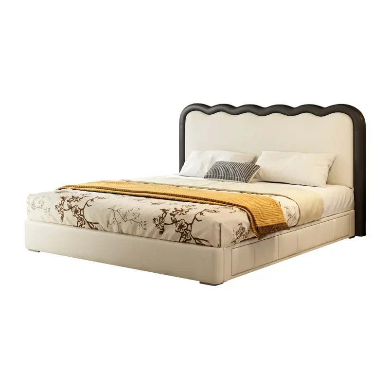 Retro wind ripple  master bedroom first layer cowhide modern double high box storage drawer leather bed
