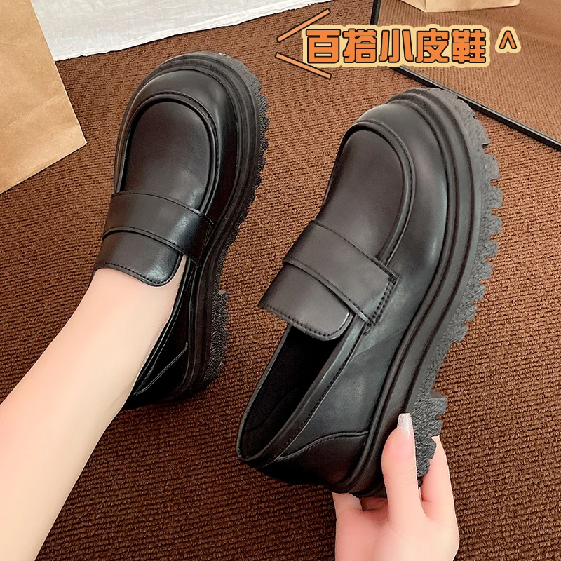 2024 New Spring Retro Small Leather  Thick Sole Lefu Shoes Women British Style Thick Heel Shoes Soft Sole Large Size Shoes