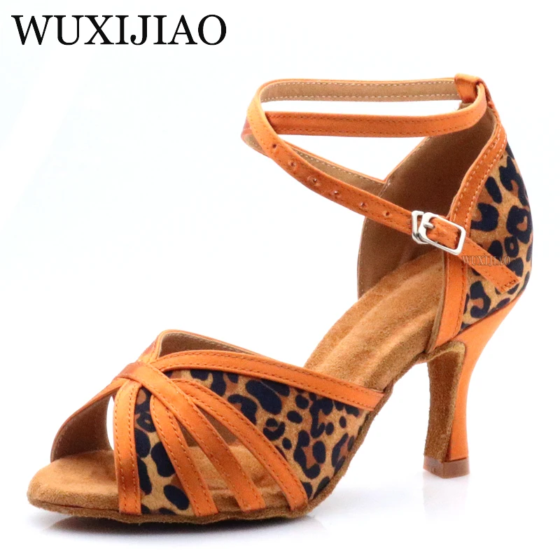 WUXIJIAO Women's Latin American Dance Shoes Brown Leopard High Heels High Heels Salsa Dance Shoes Foreigners 7.5cm