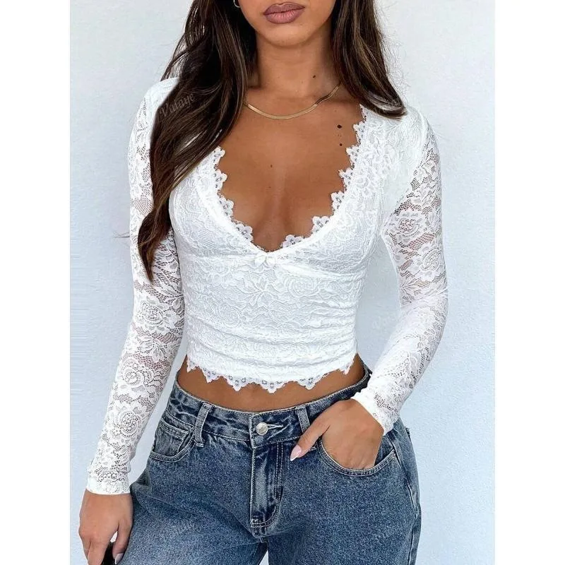 

Sexy Hollow out Deep V Lace Top H 74801 Y2K Cross-Border Fashion Women's Ruffle Sleeveless Crop Top for Party And Night out