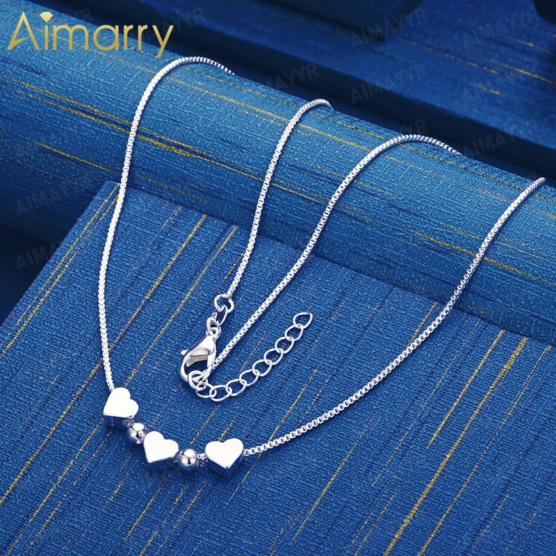 925 Sterling Silver Three Heart Round Bead Collarbone Necklace 18 Inches Women's Banquet Engagement Wedding Fashion Jewelry