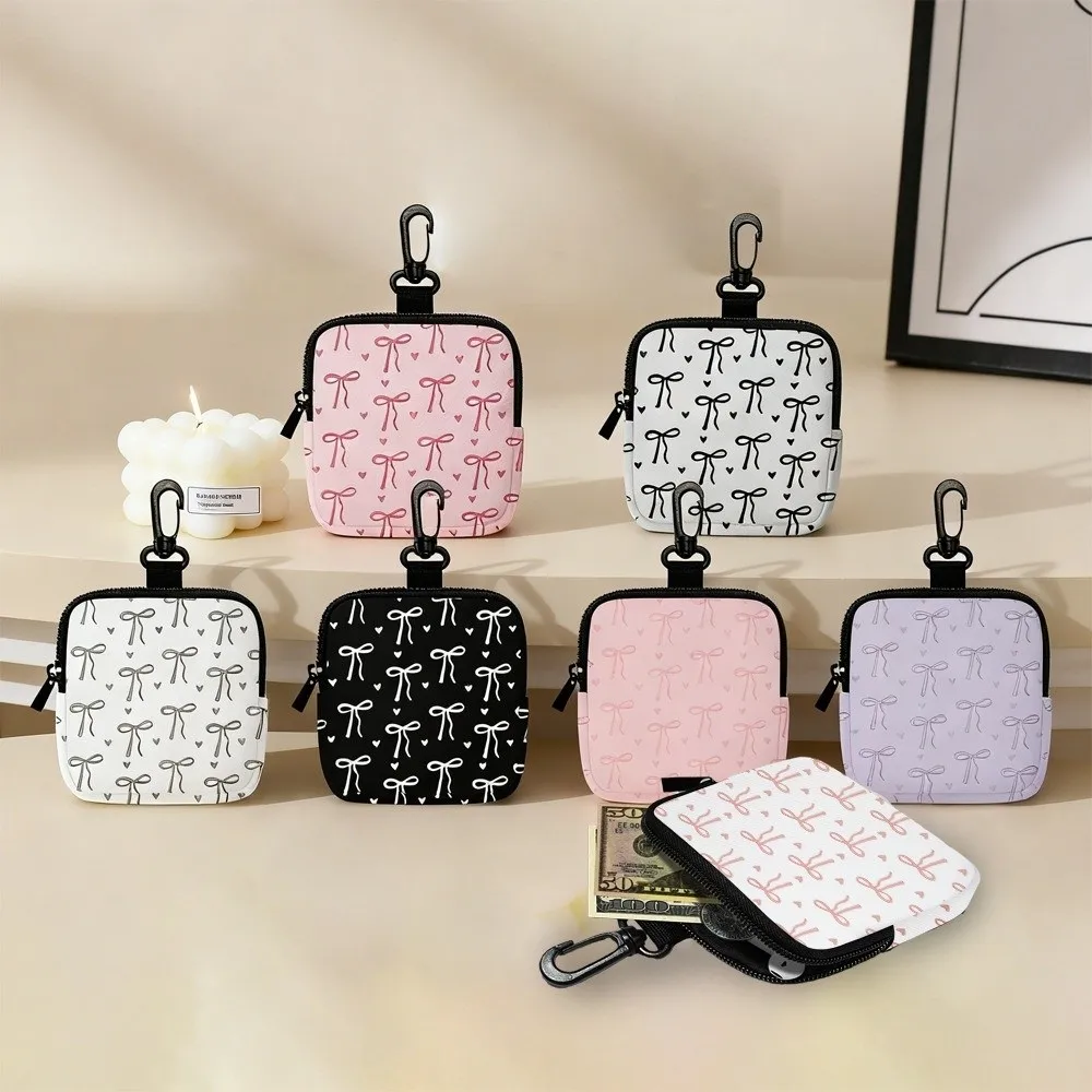

Bow Print Mini Coin Purse PU Leather Water-resistant Earphone Bag Lightweight Portable Zipper Storage Bag Friends Gift