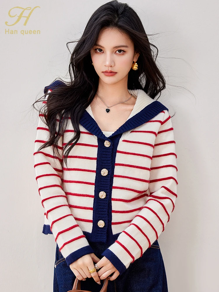 H Han Queen Autumn Winner Loose Striped Knit Cardigan Jacket Sweater Vintage Casual Women\'s Clothing Simple Thick Warm Sweaters