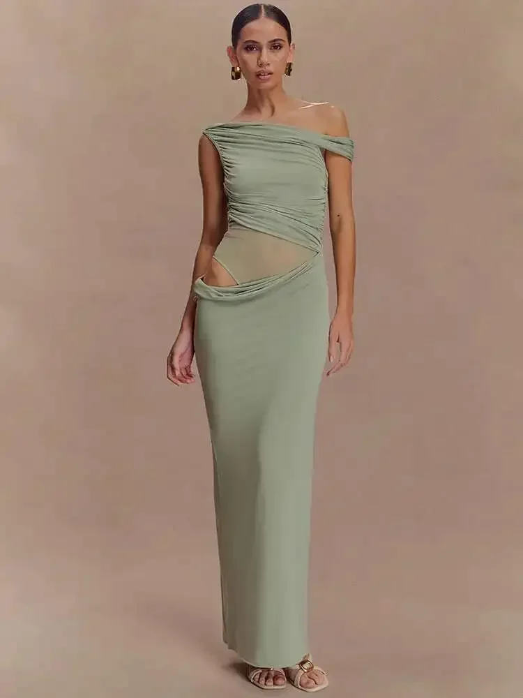 Um ombro slinky sexy maxi vestido feminino verão moda sem costas sem mangas split clube festa vestido longo elegante