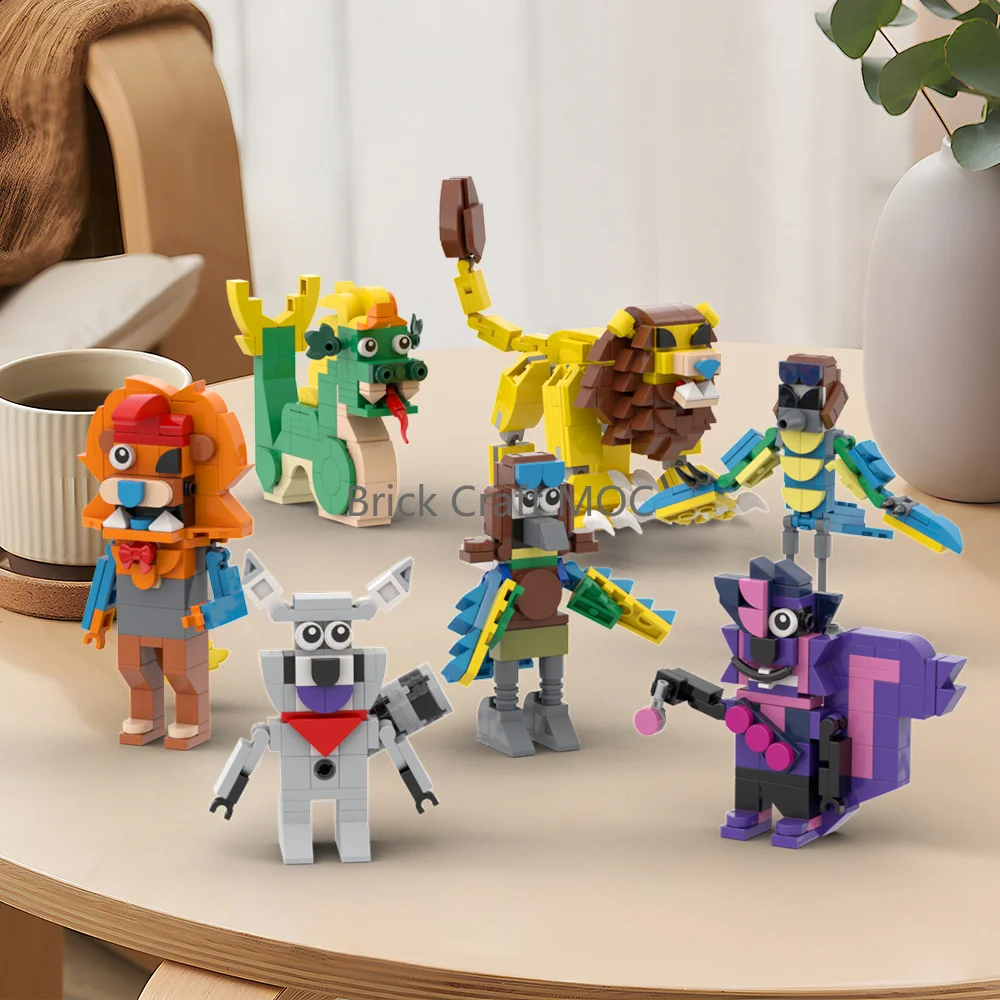 mocパークマスコットブリック-6キャラクターセット（アライグマ、オウム、ライオン、スカンク、海蛇）、ディスプレイモデル