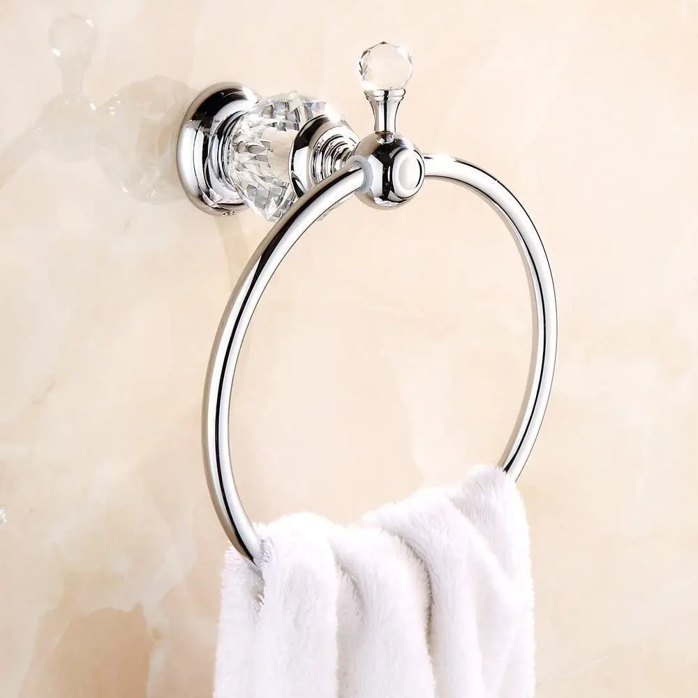 

Chrome Gold Towel Ring, Crystal Hand Towel Holder Polished Brass Bling Towel Bar Bathroom Accessories Wall Mounted EL854-80