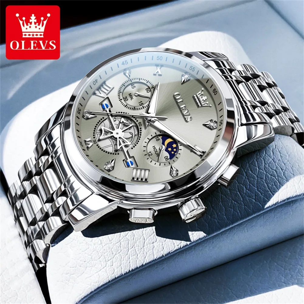 OLEVS 2856 Original Men Watch Brand Luxury Flywheel Design Waterproof Moon Phase Chronograph HD Business Trend Men Quartz Watch