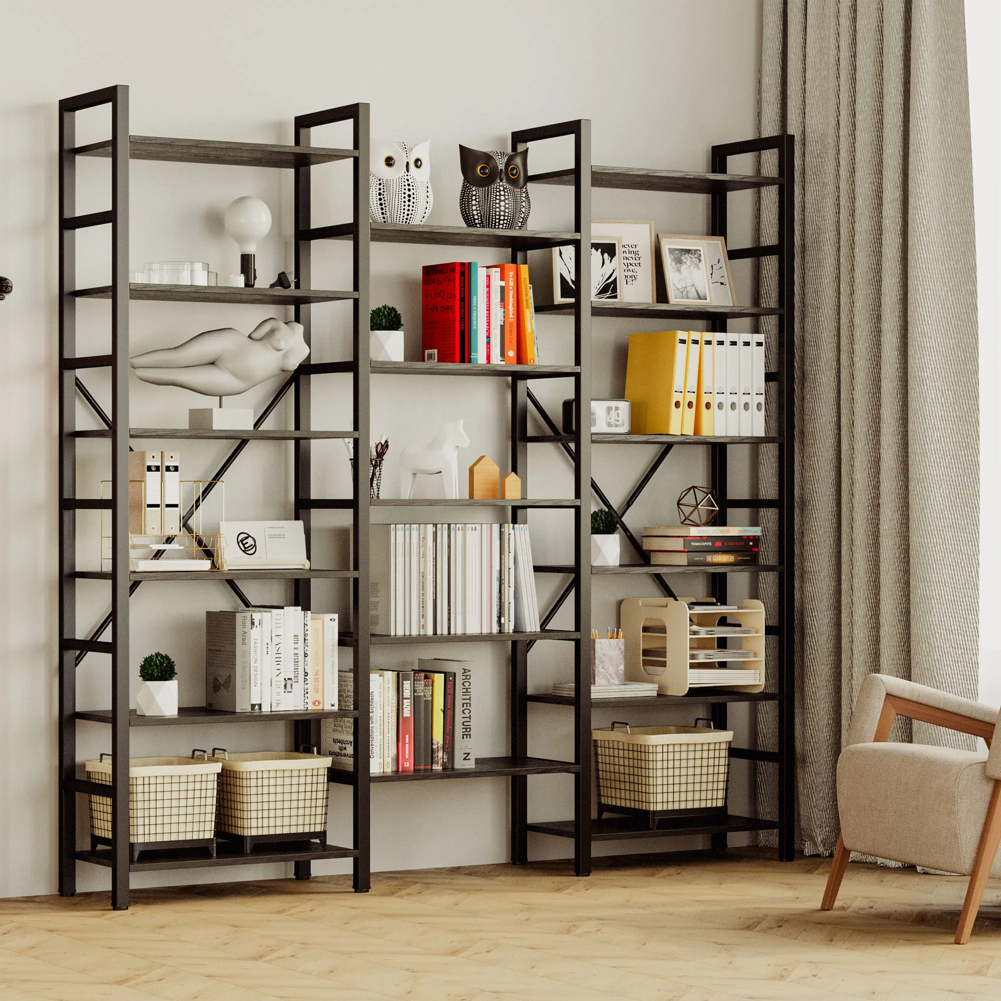 IRONCK Bookcases and Bookshelves Triple Wide 6 Tiers Industrial Bookshelf, Large Etagere Bookshelf Open Display Shelves