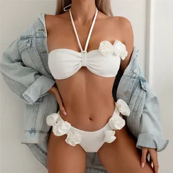 Sexy 3D Flower Halter Bandeau Bikini Set Stroje kąpielowe 2024 Stroje kąpielowe dla kobiet String Stroje kąpielowe Brazylijskie bikini Mujer Stroje kąpielowe