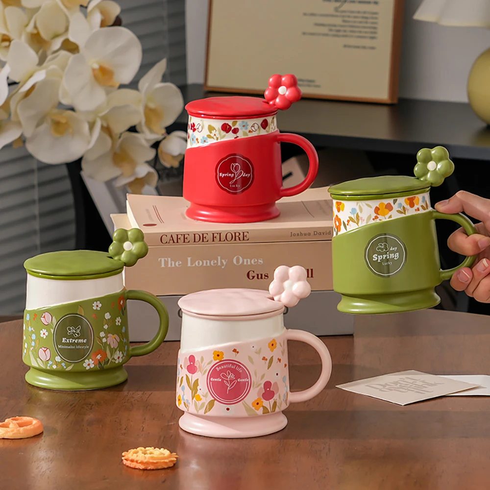 Flowers Print Ceramic Mug with Lid Floral Shaped Spoon Set Office Coffee Tea Cups Drinkware Pretty Aesthetic  Design Milk Mugs